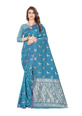 Blue embroidered banarasi silk saree with blouse 1