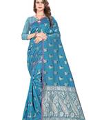 Blue embroidered banarasi silk saree with blouse