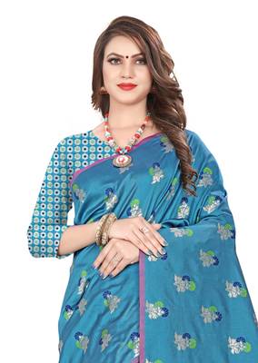 Blue embroidered banarasi silk saree with blouse 2
