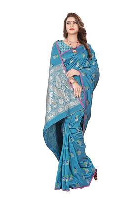 Blue embroidered banarasi silk saree with blouse 3