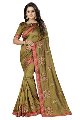 Beige embroidered silk saree with blouse 1