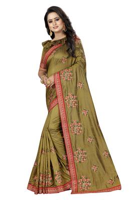 Beige embroidered silk saree with blouse 2