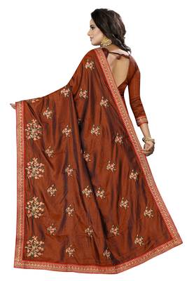 Brown embroidered silk saree with blouse 3
