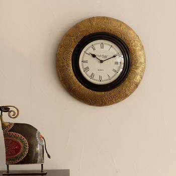 Decorative Brass Work Ethnic Brass and Wooden Handcrafted Wall Clock 1