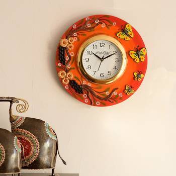 Butterfuly and Garden View Papier-Mache Wooden Handcrafted Wall Clock 1
