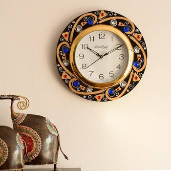 Blue Crystal Studded Decorative Wooden Handcrafted Wall Clock 1
