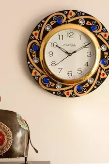 Blue Crystal Studded Decorative Wooden Handcrafted Wall Clock