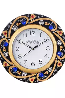 Blue Crystal Studded Decorative Wooden Handcrafted Wall Clock