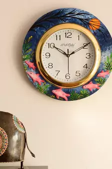 Underwater Life View with Embossed Fishes Wooden Handcrafted Wall Clock