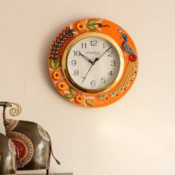 Embossed Peocock and Flowers Papier-Mache Wooden Handcrafted Wall Clock 1