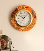 Embossed Peocock and Flowers Papier-Mache Wooden Handcrafted Wall Clock