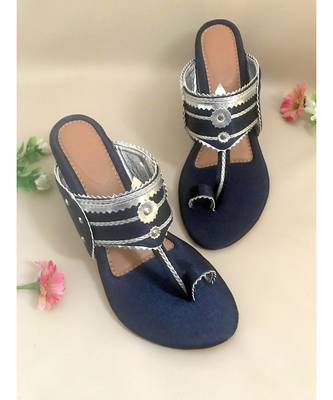 Navy Blue Leather Kolhapuris 4
