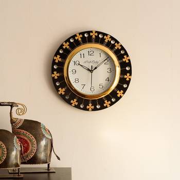 Crystal and Geometric Blocks Studded Black Wooden Handcrafted Wall Clock 1