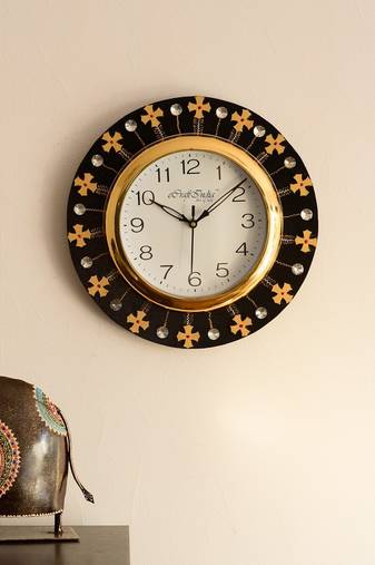 Crystal and Geometric Blocks Studded Black Wooden Handcrafted Wall Clock