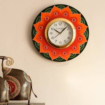 Crystal Studded Floral Shape Wooden Handcrafted Wall Clock 1