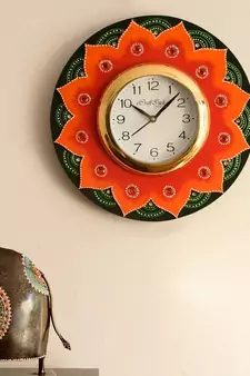 Crystal Studded Floral Shape Wooden Handcrafted Wall Clock