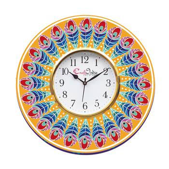 Ethnic Feather Design Wooden Colorful Round Wall Clock 1