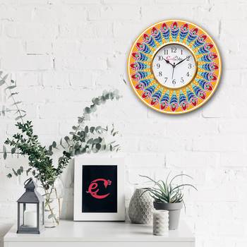 Ethnic Feather Design Wooden Colorful Round Wall Clock 2
