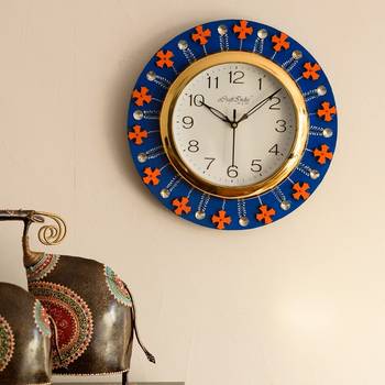 Crystal and Geometric Blocks Studded Blue Wooden Handcrafted Wall Clock 1