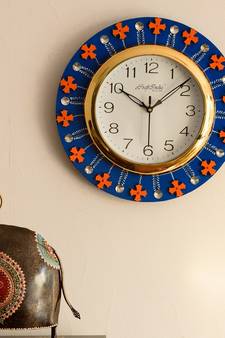 Crystal and Geometric Blocks Studded Blue Wooden Handcrafted Wall Clock