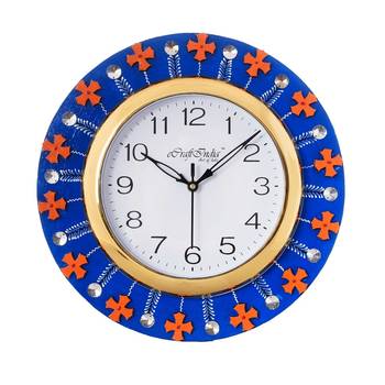 Crystal and Geometric Blocks Studded Blue Wooden Handcrafted Wall Clock 2