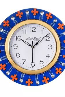 Crystal and Geometric Blocks Studded Blue Wooden Handcrafted Wall Clock
