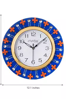 Crystal and Geometric Blocks Studded Blue Wooden Handcrafted Wall Clock