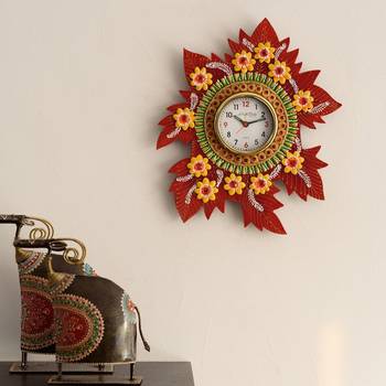 Leaf Shape Artistic Papier-Mache Wooden Handcrafted Wall Clock 1