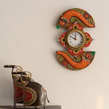 Shehnai Embossed Artistic Papier-Mache Wooden Handcrafted Wall Clock 1