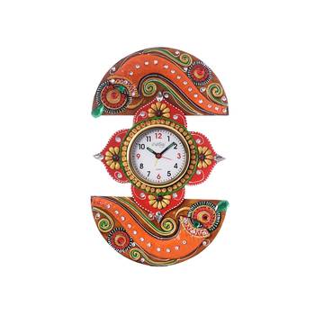 Shehnai Embossed Artistic Papier-Mache Wooden Handcrafted Wall Clock 2