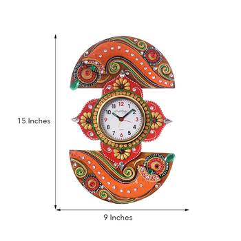 Shehnai Embossed Artistic Papier-Mache Wooden Handcrafted Wall Clock 3