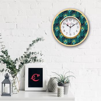 Ethnic Peocock Feather Design Wooden Colorful Round Wall Clock 2