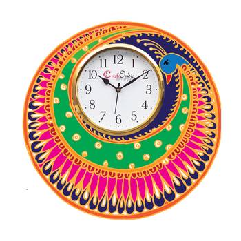 Ethnic Peocock Design Wooden Colorful Round Wall Clock 1