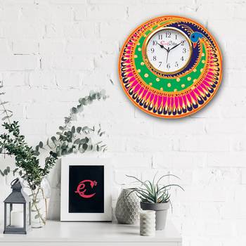 Ethnic Peocock Design Wooden Colorful Round Wall Clock 2
