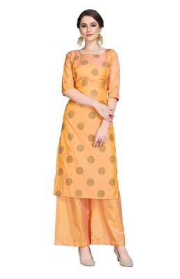 Orange printed art silk party-wear-kurtis 1