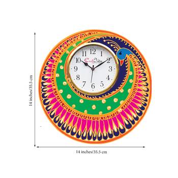 Ethnic Peocock Design Wooden Colorful Round Wall Clock 3