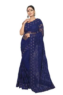 Blue Embroidered Net Saree With Blouse 1
