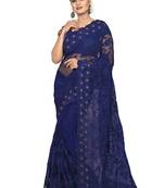 Blue Embroidered Net Saree With Blouse