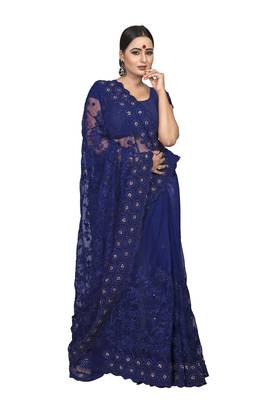 Blue Embroidered Net Saree With Blouse 2