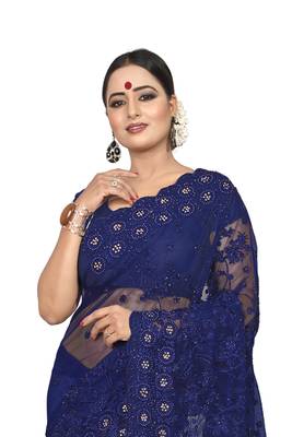 Blue Embroidered Net Saree With Blouse 3