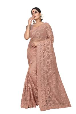 Peach embroidered net saree with blouse 1