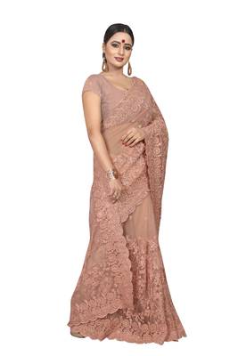 Peach embroidered net saree with blouse 2