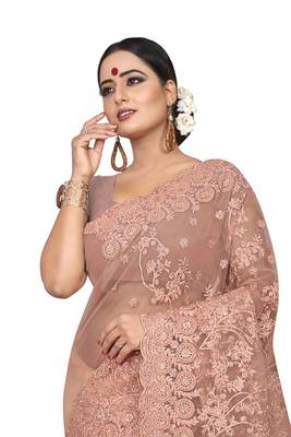 Peach embroidered net saree with blouse 3