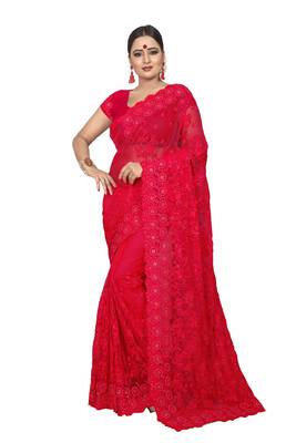Red Embroidered Net Saree With Blouse 1