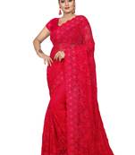 Red Embroidered Net Saree With Blouse