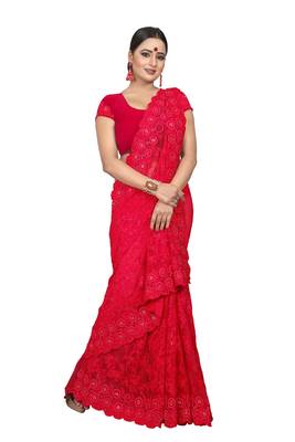 Red Embroidered Net Saree With Blouse 2