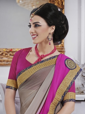 pink saree with grey blouse