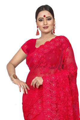 Red Embroidered Net Saree With Blouse 3