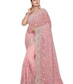 Pink Embroidered Net Saree With Blouse