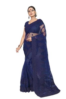 Blue Embroidered Net Saree With Blouse 1